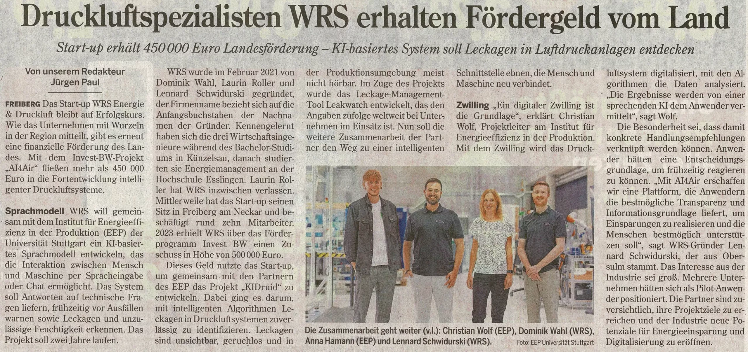 Presseartikel WRS 2025 scaled Druckluftspezialisten WRS erhalten erneut Fördergeld WRS Energie