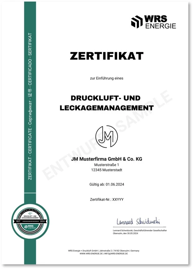Urkunde Druckluft und Leckagemanagement Zertifikat Druckluft und Leckagemanagement,AnalyzAir WRS Energie